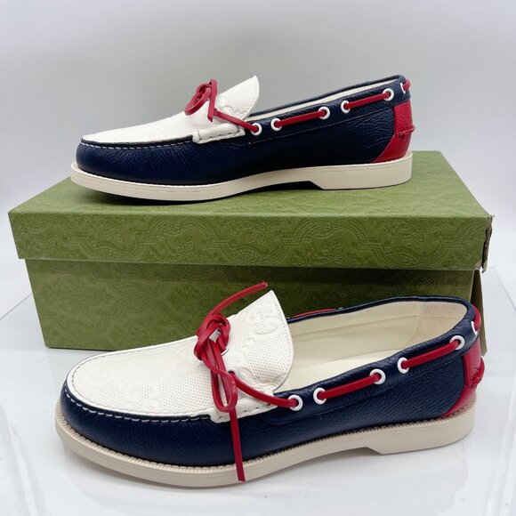Gucci Riverside Leather Boat Shoe Loafer Moccasin Blue Mens UK 8.5 US 9 $890 - Picture 4 of 12